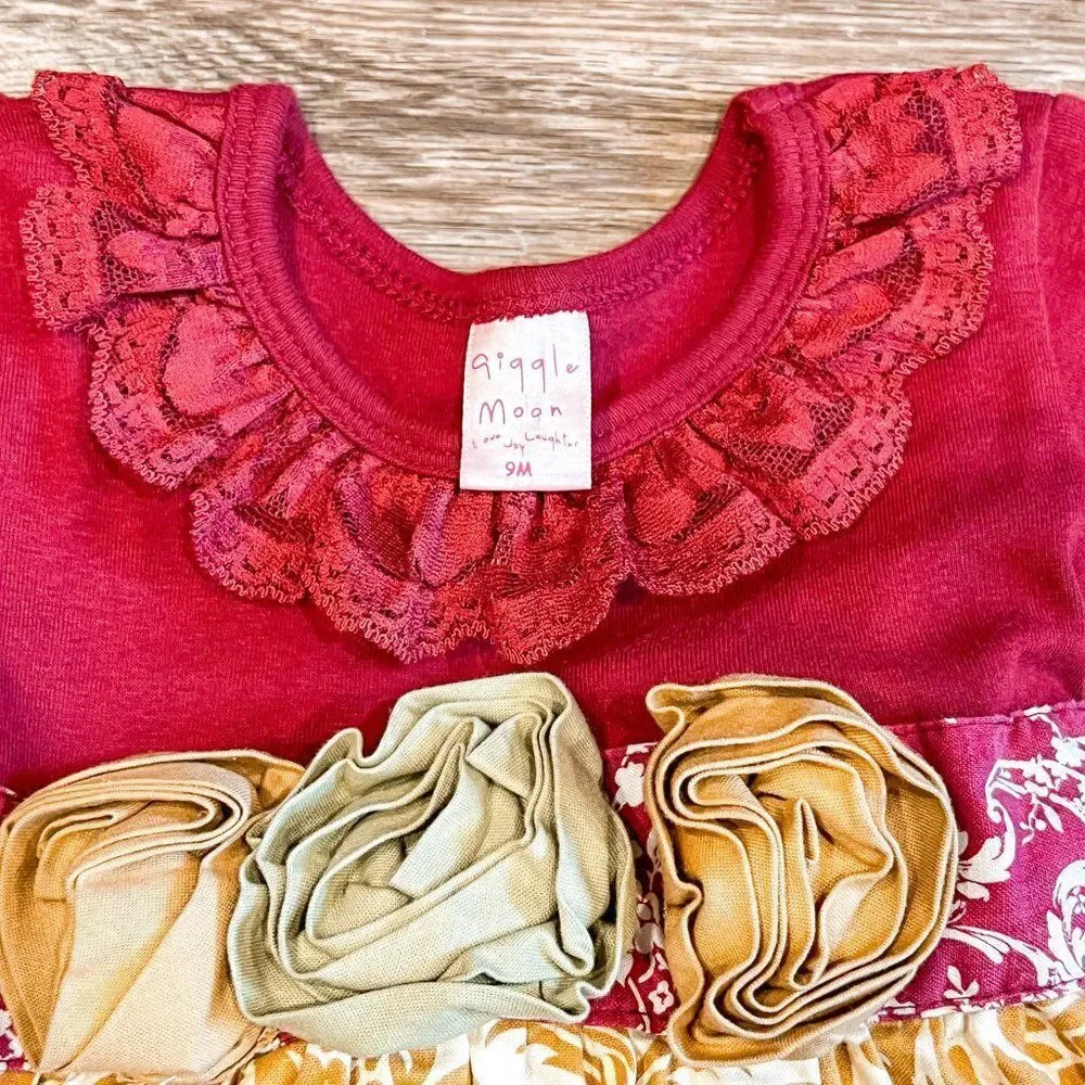 Giggle Moon Long Sleeve Burgundy and Gold Dress, Size 9M